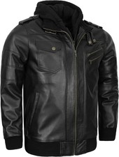 Men's Black Real Leather Hoodie Genuine Lambskin Leather Bomber Hooded Jacket