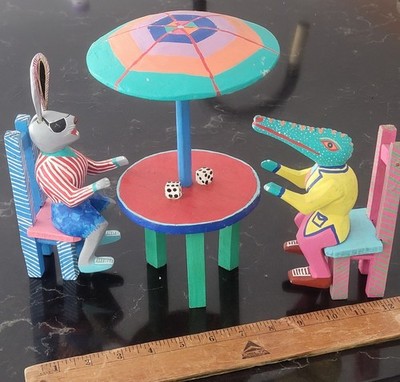 Martin Melchor Hand Painted Carved Rabbit Alligator Dice Game Mexican Folk Art