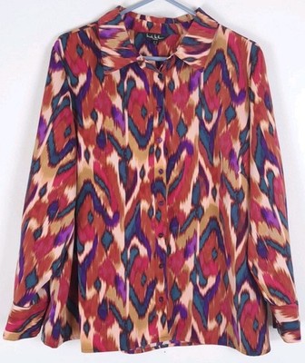 Nicole Miller Button Up Top Womens 2X Red Ikat Print Long Sleeve Career Office