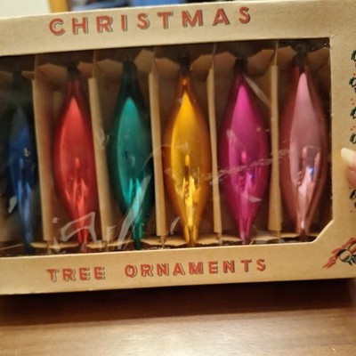 6 Vintage Glass Torpedo Teardrop Christmas Ornaments 60 s Poland w/ bottom box