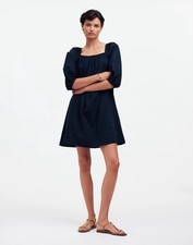 Madewell Square-Neck Puff-Sleeve Mini Dress in Navy, Size 0