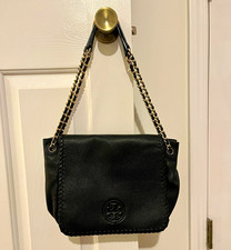 Tory Burch Black Pebbled Shoulder Bag, Zip Closure, Gold Hardware, Chain Strap