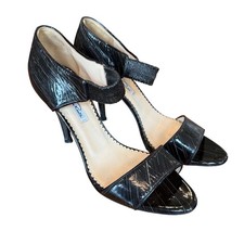 Oscar de la Renta Patent Leather Stiletto Sandals Black Textured Patterned 37.5