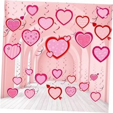 54 Pcs Valentine  s Day Hanging Decorations Pink Red Hearts Hanging Swirls