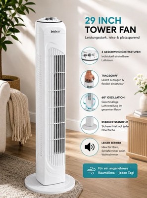   Beldray 29'' Tower Fan Turmventilator oszillierend 3 Stufen Tragegriff weiß