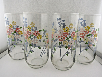 Luminarc Spring Bouquet Flowers Floral 16oz Drink Glass Tumbler Set of 4 Vtg