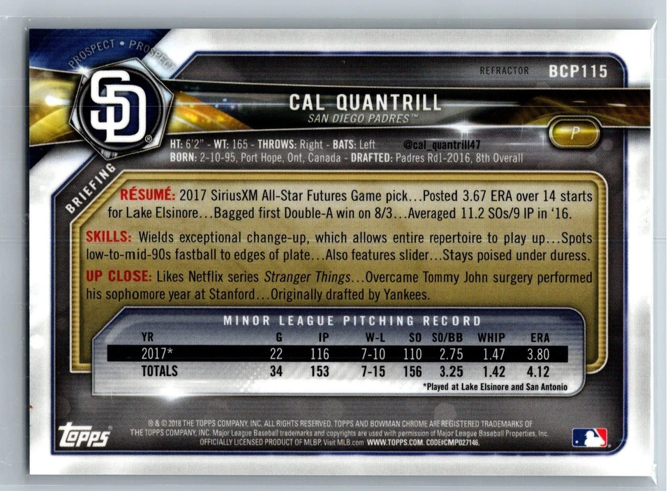2018 Bowman #BCP115 Cal Quantrill Chrome Prospects Refractor - Image 2 of 2