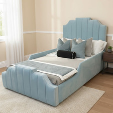 Kids Tower Panel Bed Frame Plush Velvet Upholstered Gas Lift Storage Toddler 3FT