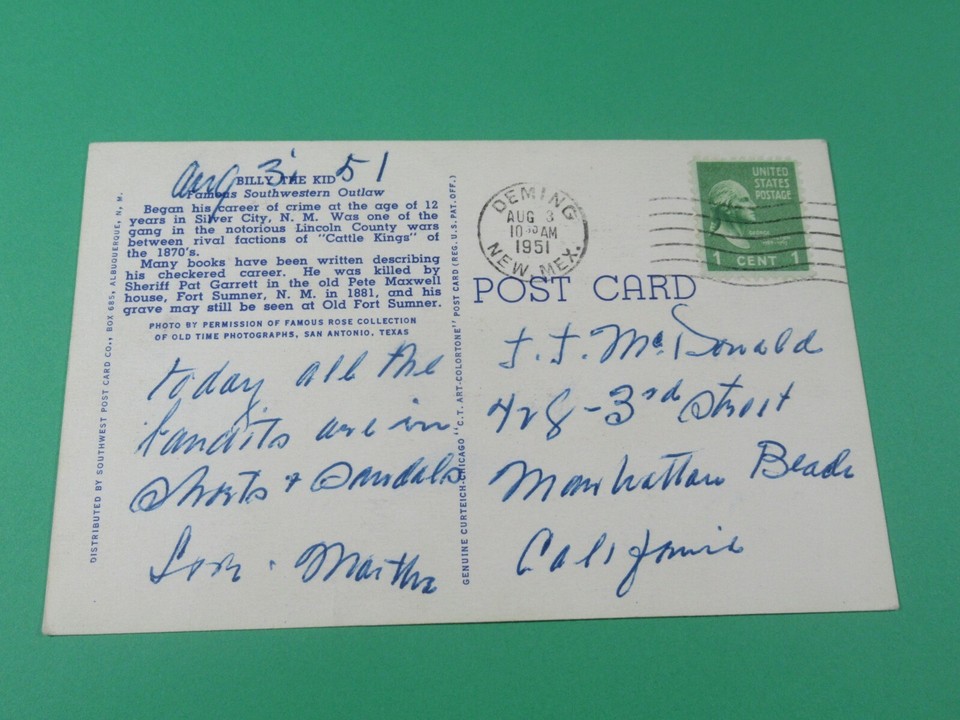 BILLY THE KID COLOR PHOTO POSTCARD FAMOUS PHOTO 1951 DEMING NEW MEXICO