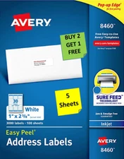 [5 Sheets] Avery 8460 Mailing Labels 1 x 2-5/8 White INKJET B2G1