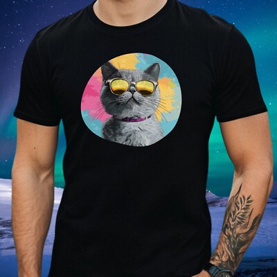 Mens Grey Cat Sunglasses Cotton T-Shirt Size XS to 5XL