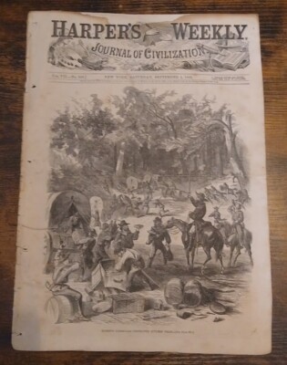 Harper's Weekly September 5, 1863 Mosebys Guerrillas Destroying Sutlers Train 