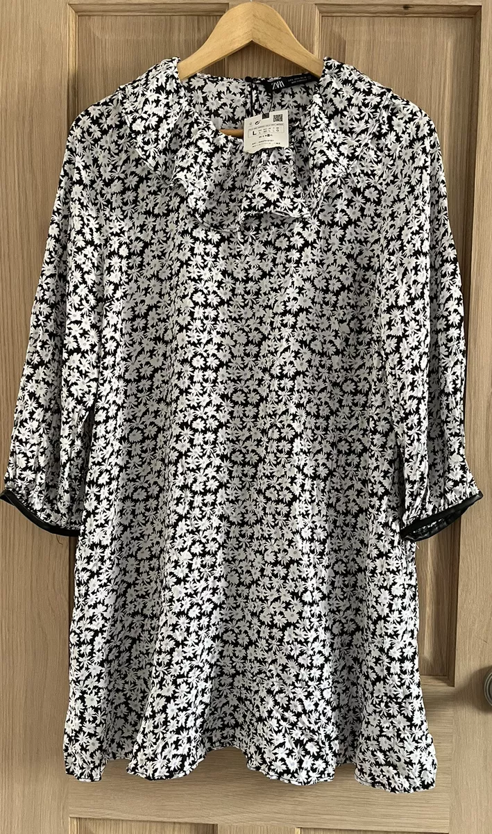 Zara Ladies New Dress Size L 14 16 Black White Purple Short Floral