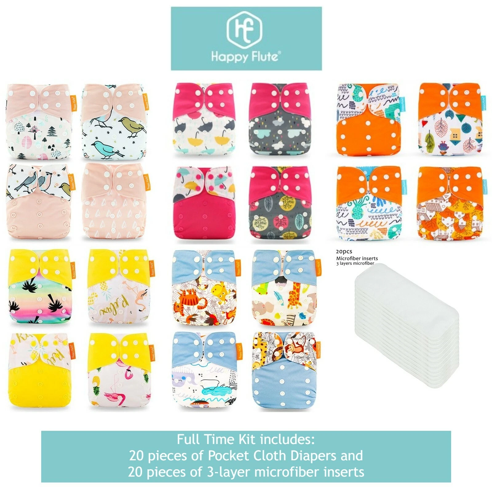 Happy Flute Full Time Cloth Diapers Kit - 20 pcs with inserts