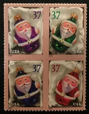 2004 Santa Christmas Ornaments Block of 4 37c Stamps, Sc# 3883-3886, MNH, OG