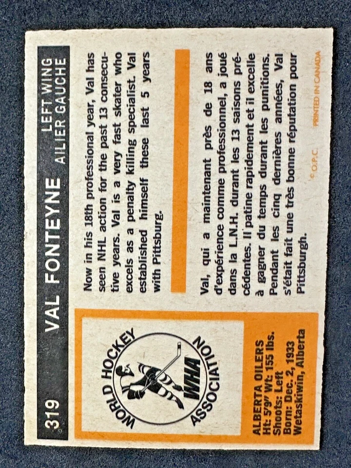 Val Fonteyne 1972-73 O-Pee-Chee #319 WHA Alberta Oilers - Image 2 of 4