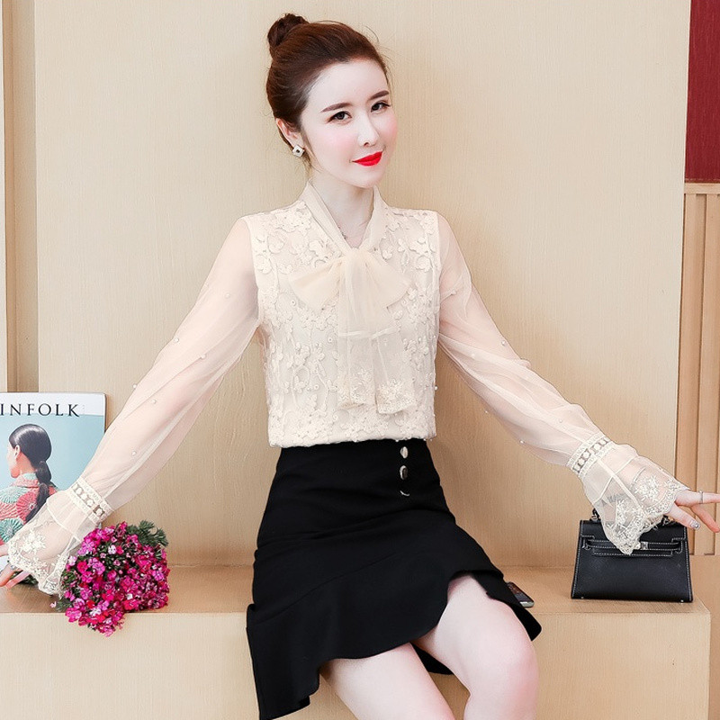 Women Lace Mesh Shirts Floral Tops T-shirts Bow Pullover Blouse