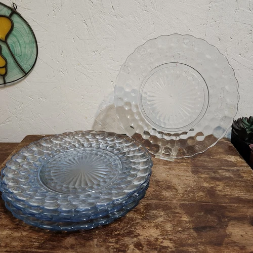 Set Of 6 Anchor Hocking Bubble Blue Ice Dinner Plates Vintage 9.5"