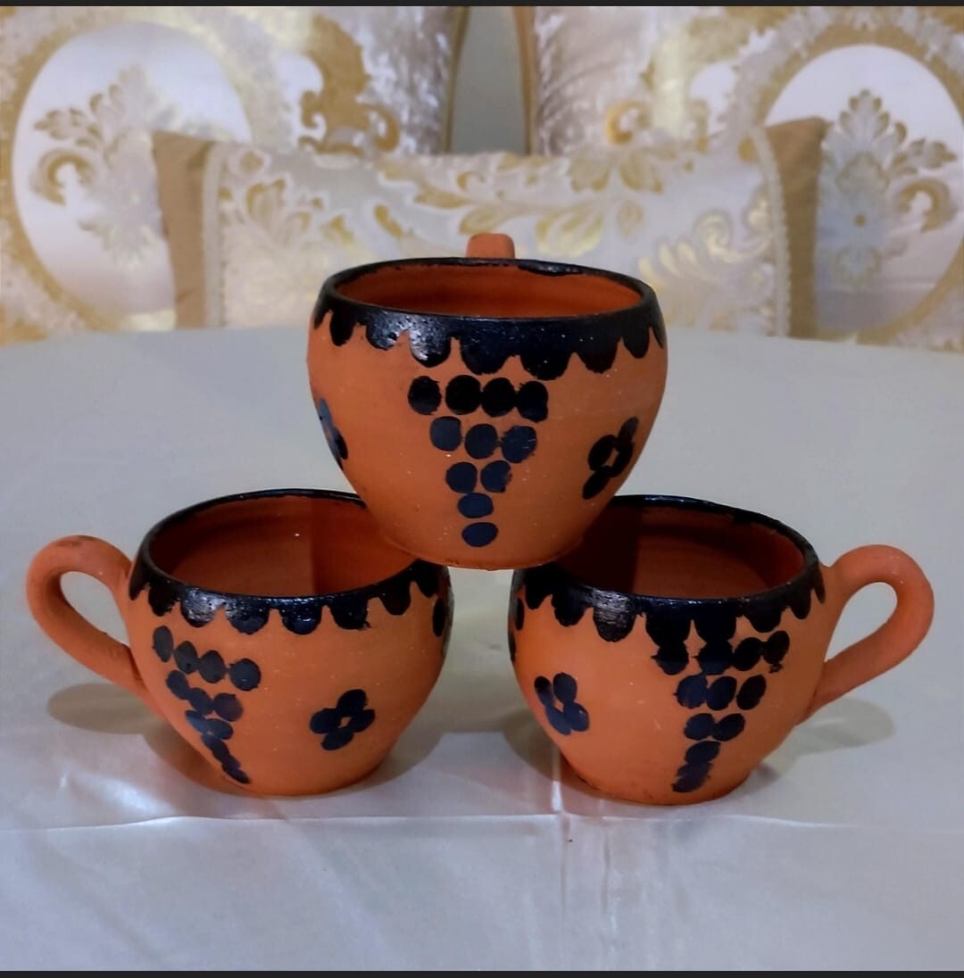 Set of 3 Traditional Amazigh Red Clay Mugs Handmade from Moroccan