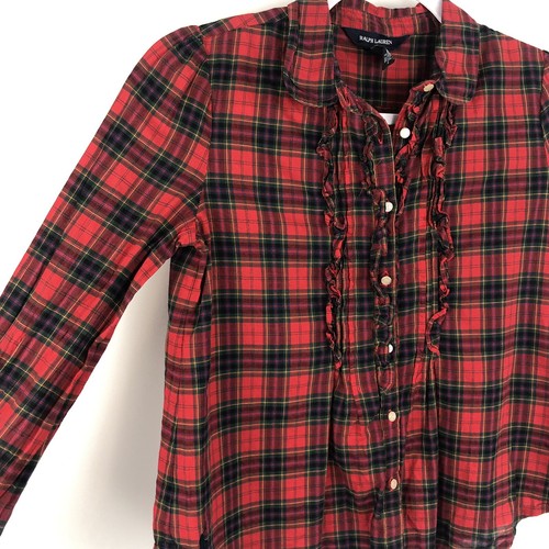 Ralph Lauren Girls 10 Red Plaid Ruffle Limg Sleeve Blouse Top Shirt BB1 - Picture 6 of 7