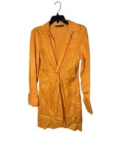 Zara Dress Womens Small Orange Satin Ruched Collared Shirt Mini Long Sleeve
