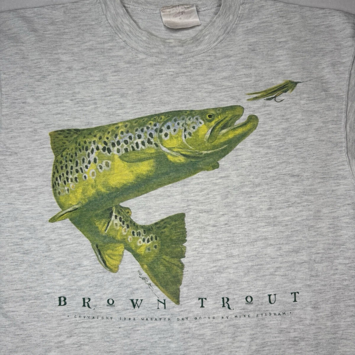 Vintage 1992 Brown Trout T-Shirt Mens M/L Wasatch Dry Goods Fly Fishing Graphic View 2