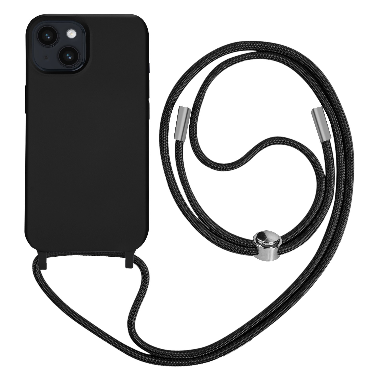 Coque iPhone 14 Plus noire semi-rigide avec cordon tour de cou de 80cm