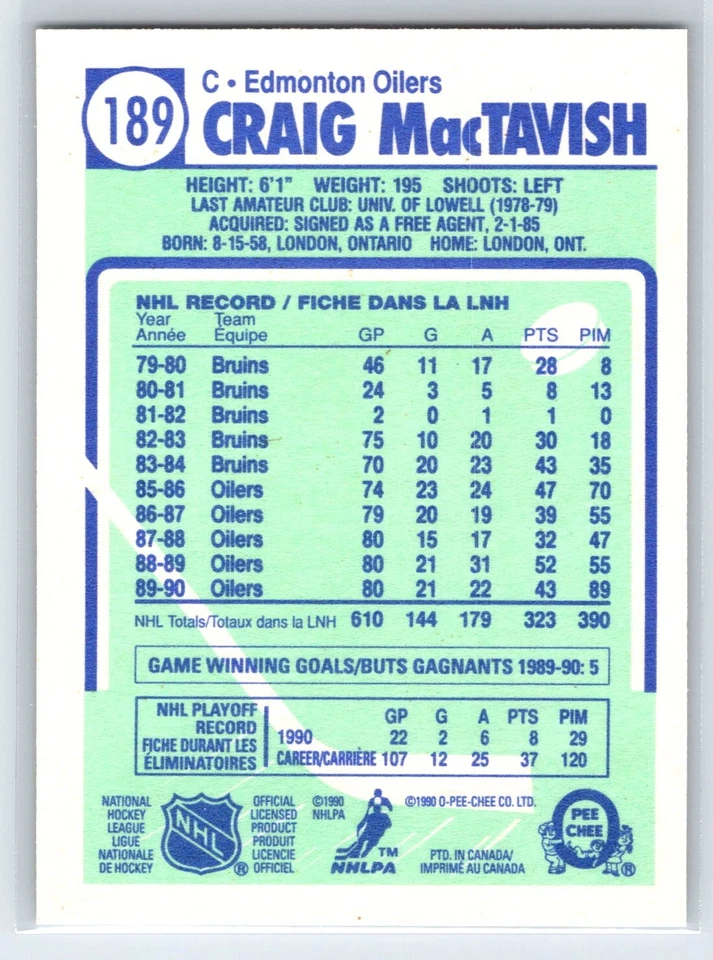 1990-91 O-Pee-Chee Craig MacTavish Edmonton Oilers #189 - Image 2 of 2