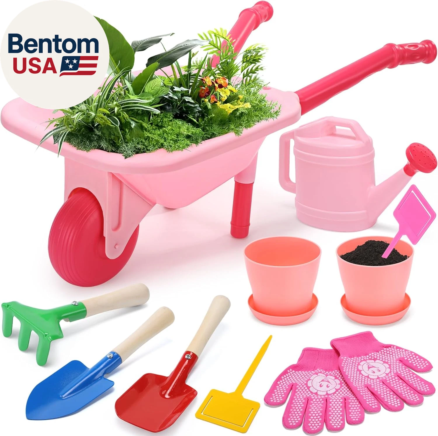 Kids Gardening Tool Set, Pink Wheelbarrow with Garden Toys with Watering Can, Gl