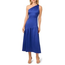 Adrianna Papell Women's Satin Tea-Length One-Shoulder Dress - 14- Royal Sapphire