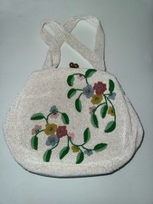 Vintage White Seed Bead Handbag Colorful Floral Evening Purse Kiss Lock