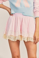 Loveshackfancy Pintuck Pull On Mini Skirt Lace Cotton Tiered Smocked S 287834