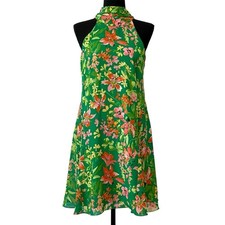 Vince Camuto Size 2 Vibrant Green Floral Halter Shift Dress Lined Chiffon Scarf