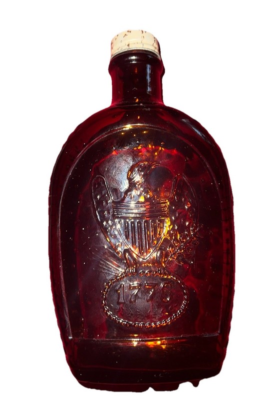 Log Cabin Dark Brown Syrup Bottle Bicentennial 1776-1976 Eagle Patterns/ Cap