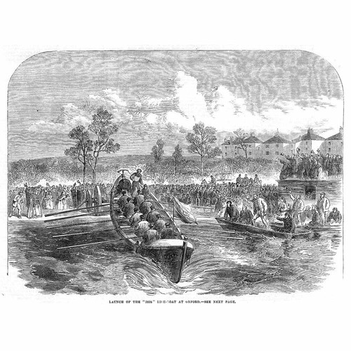 OXFORD Launch of Isis Life Boat intended for Hayle Cornwall - Antique Print 1866