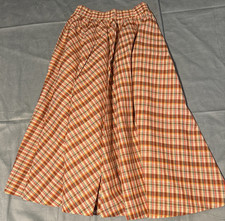 Vintage ILGWU Plaid Midi Skirt Orange Brown Multi Color Elastic Waist A-Line 11