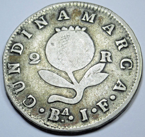 1821 Ba-JF Bogota Colombia Cundinamarca Silver 2 Reales Genuine 1800's 2R Coin