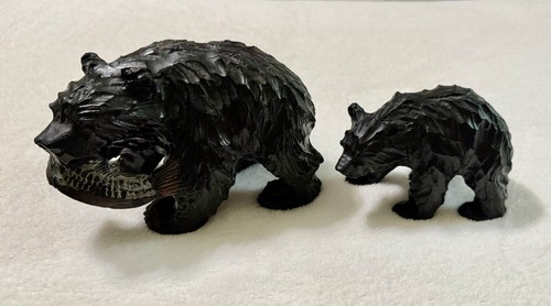 Vintage Black Bear With Salmon In It’s Mouth And Bear Cub. Approx 7” x 4.5”