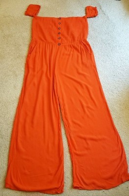Venus Smocked Bodice Wide Leg Orange Gauzy Jumpsuit Tall Girl Friendly! Sz 22 EU