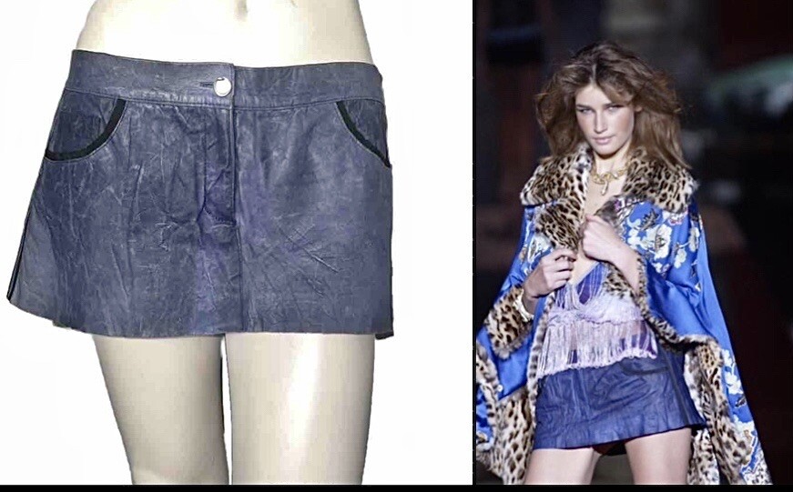 Roberto Cavalli スカート ROBERTO CAVALLI LONG DENIM & LEATHER HAND PAINTED SKIRT WITH