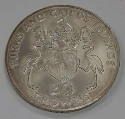 1974 Turks and Caicos Islands Churchill Centenary Silver 20 Crown