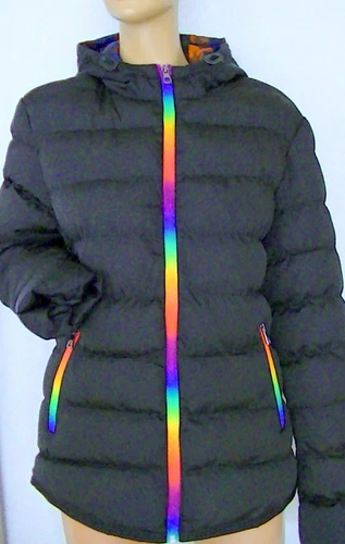 Black puffer jacket with colorful zippers labeled 4XL Korean label, fits S, NEW