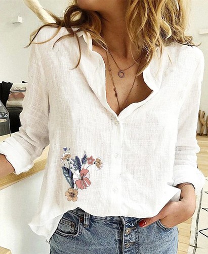 Camisas de lino y algodón de manga larga para mujer, color blanco vintage - Imagen 41 de 43