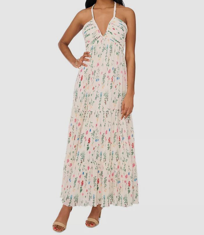 Cece Womens Ivory Printed Plunge-Neck Maxi Dress Sz L