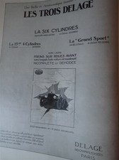Delage 15 HP + 6 CYL + GRAND SPORT car advertising paper ILLUSTRATION 1921 c