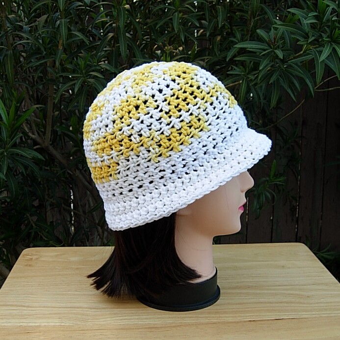 Yellow & White 100% Cotton Crochet Knit Hat Cloche Brim  display picture 1