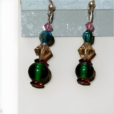 Handcrafted Crystal Earrings Pink Green Yellow Red Gold toned  Drop Hook