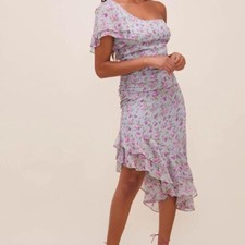ASTR The Label Lisa Floral One Shoulder Asymmetrical Midi Dress In Blue Lavende