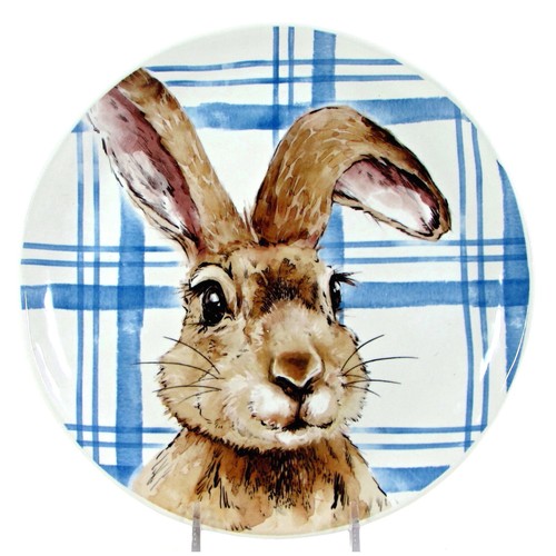 NEW Pier 1 Imports HENRY BUNNY 8.5" Salad Plate Set 4Pc Rabbit Blue Plaid Easter - Picture 2 of 14