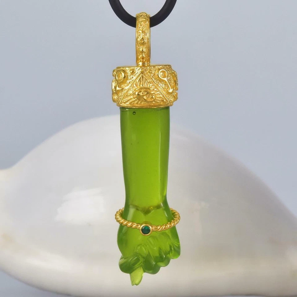 Gold Vermeil Sterling Mano Fico Figa Anhänger Geschnitzt Chalzedon Smaragd 10.55 - Bild 2 von 4